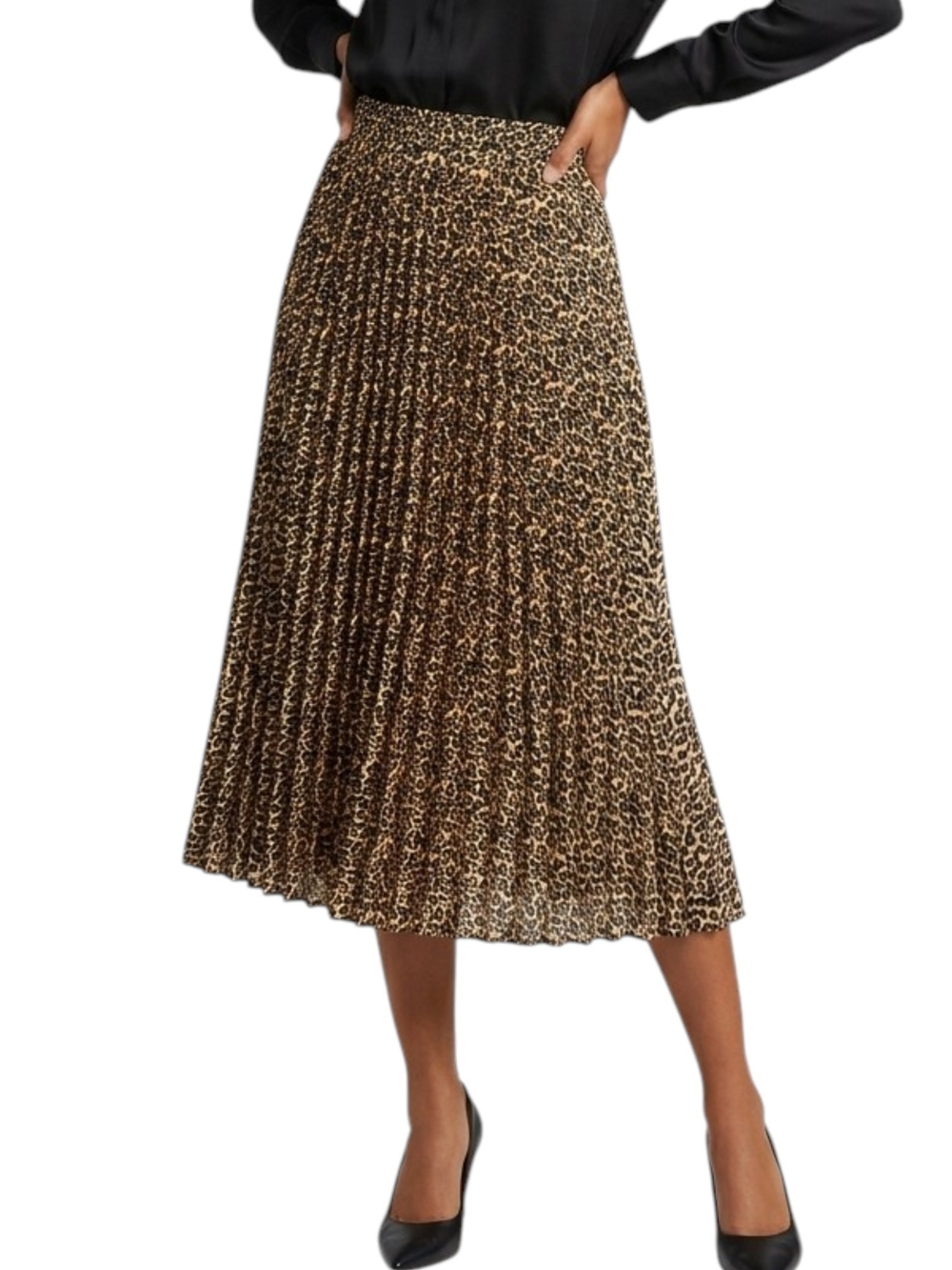 NWT RD Style Leopard Print Pleated Midi Skirt Elastic Waist Small